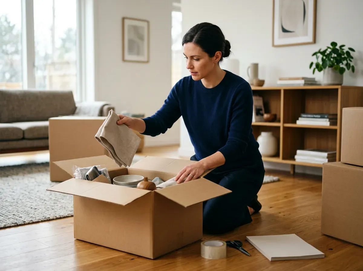 Carefully bubble-wrapped ceramic objects sit inside a cardboard box filled with white foam under soft natural light.